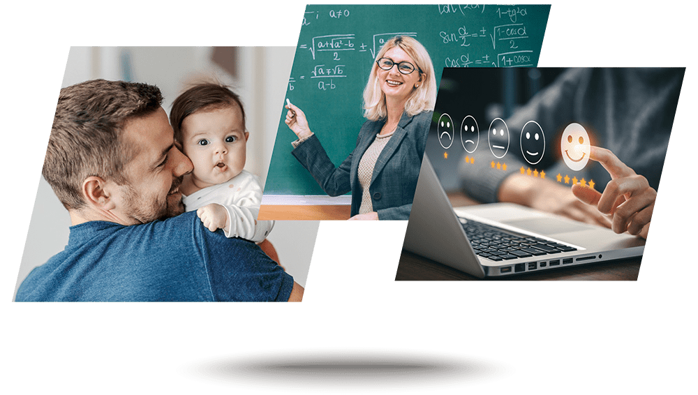 Bildcollage: Vater mit Baby, Lehrerin arbeitet vor der Schultafel, User am Laptop nimmt an einer Umfrage teil
